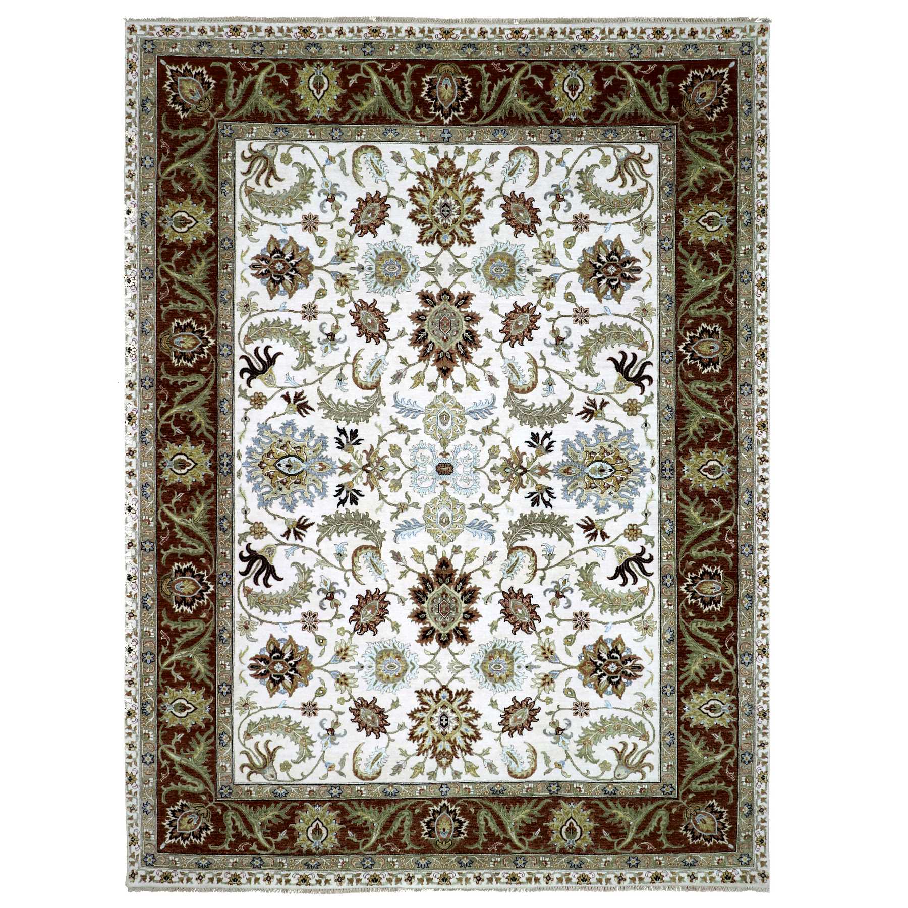Oxford White and Auburn Red Border, Agra Scroll and Large Leaf Design Hand Knotted 100% Wool, Oriental Rug